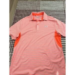 Mens Under Armour Performance Lg Short Sleeve Polo Orange Striped & Blue Stripe